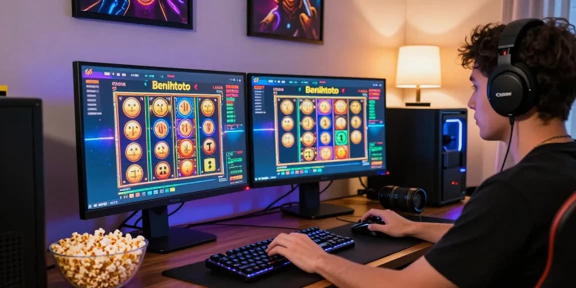 Engaging online gaming moment on Benihtoto platform, player immersed in slot game interface with vibrant colors.
