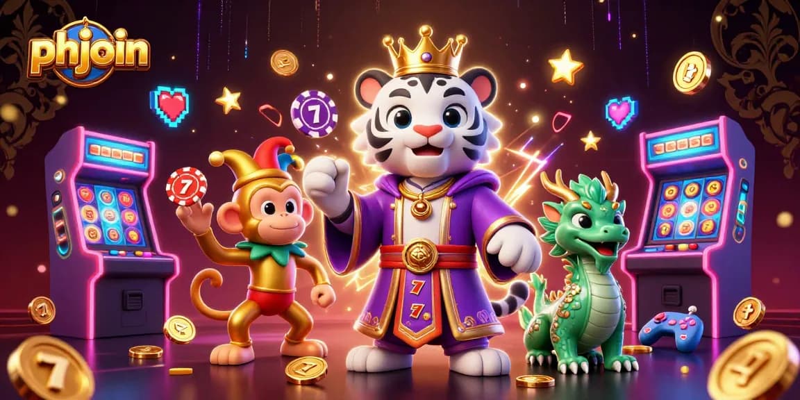 Experience epic wins at phjoin with a vibrant 3D casino scene featuring bright arcade games and lively characters.