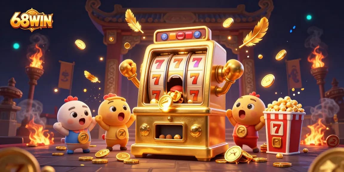 68WIN slot machine hitting jackpot with coins pouring, surrounded by cheering machines
