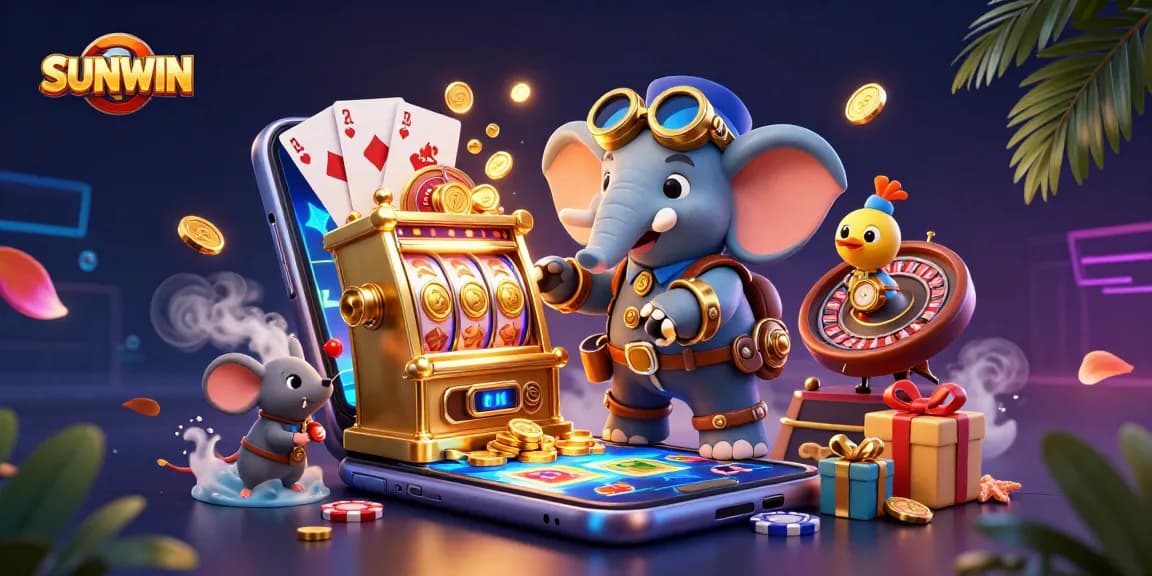 SUNWIN showcases a steampunk elephant operating a golden slot machine amidst dynamic gaming elements