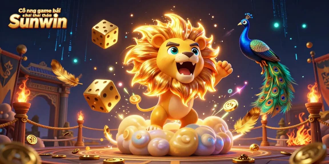 Cổng game bài đổi thưởng Sunwin showcases a 3D lion roaring amidst vibrant casino elements, attracting bettors.