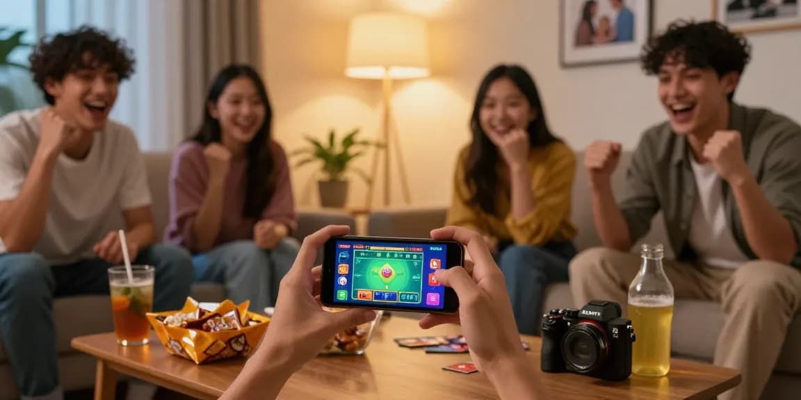 Exciting gameplay moment showcasing Teen Patti Gold app with friends in cozy living room.