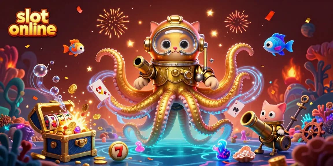 Permainan slot online yang menarik dengan simbol keberuntungan dan karakter unik di dasar laut