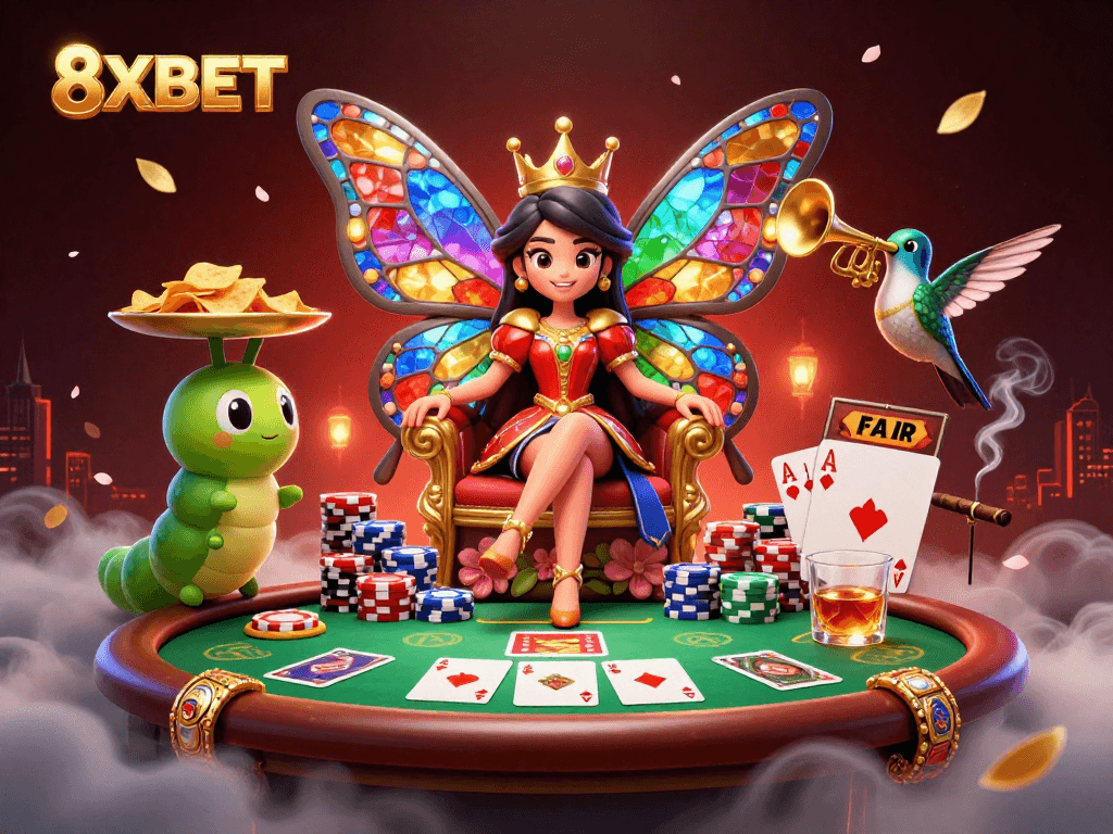 Engage in dynamic gameplay at 8XBET with vivid illustrations of casino elements and characters.