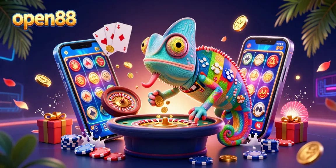Experience exciting gaming action at open88 with a vibrant chameleon casino owner surrounded by colorful slot games and golden coins.