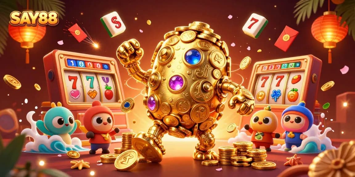 SAY88 brings exciting gaming elements like jackpots and dynamic slots in a vibrant 3D illustration.