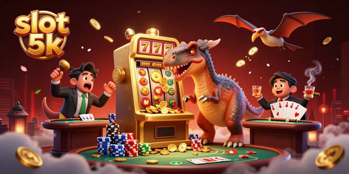 Experience slot 5k action with 3D dinosaurs and a vibrant casino scene.
