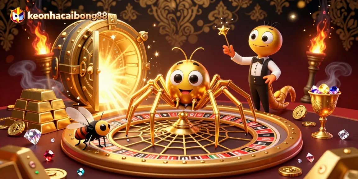 Experience keonhacaibong88 as the fly places bets nervously, surrounded by golden treasures and a spider croupier.