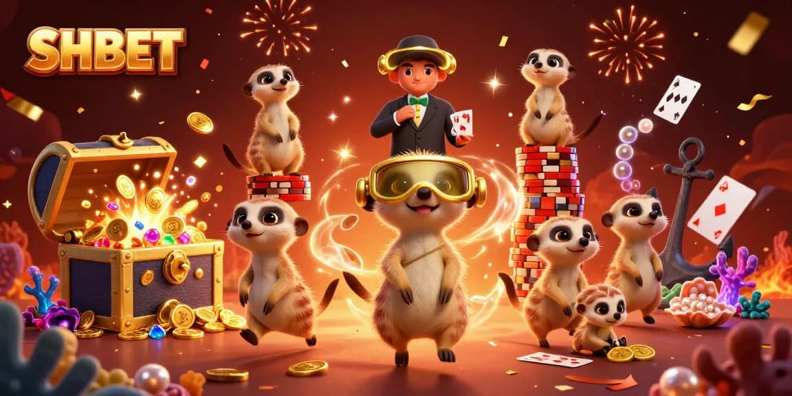 Experience the vibrant world of SHBET live casino with meerkats managing games and treasures.