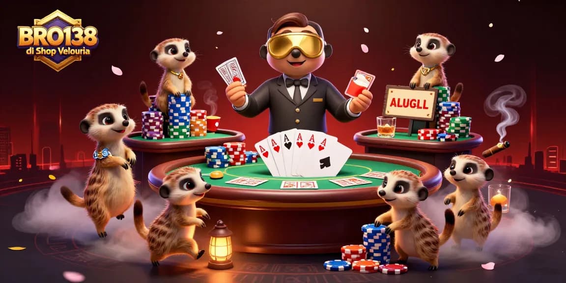 Experience dazzling slots and games at BRO138 di Shop Velouria, featuring lively meerkats running a casino.