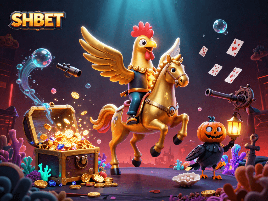 Win big with SHBET in an ultra-detailed casino scene featuring a golden rooster and treasures.