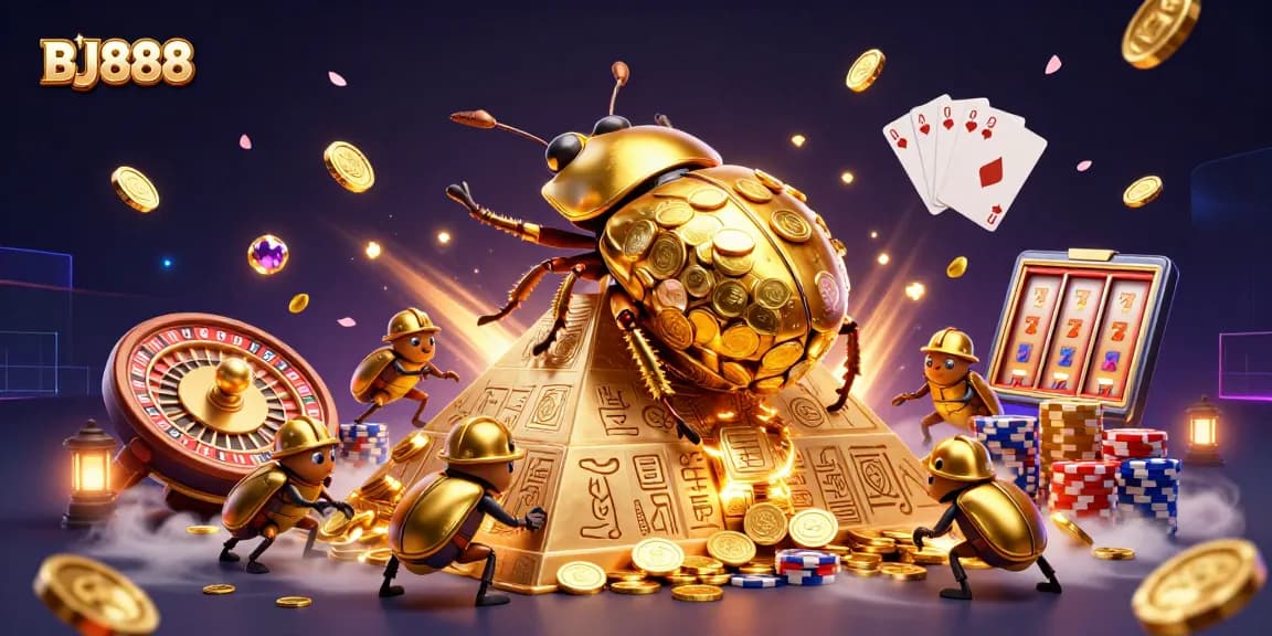 Experience the thrill of BJ888 casino gaming with golden coins, vibrant characters, and dynamic elements.