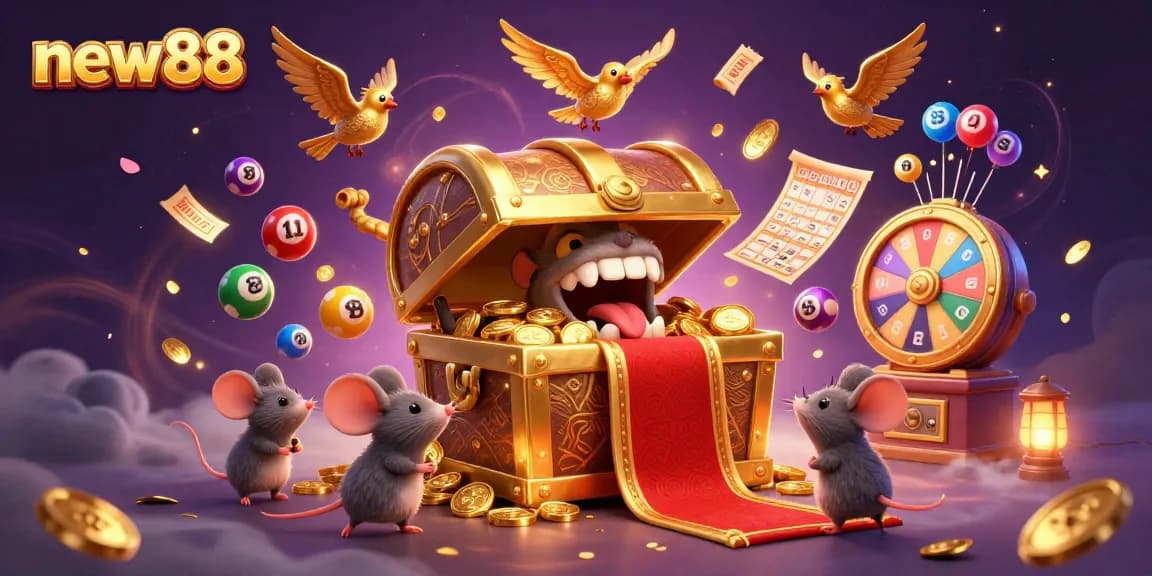 Experience thrilling gambling excitement at new88 with vibrant games and rich prizes in an illustrated scene.
