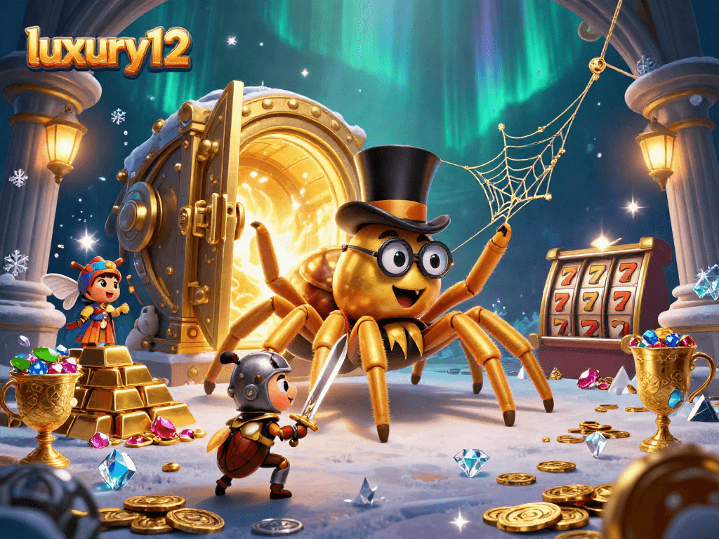 Gambarkan pengalaman bermain slot luxury12 dengan karakter unik dan hiasan emas yang memukau dalam adegan kasino