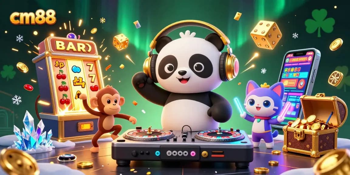 Experience the excitement of cm88 with a panda DJ, a dancing monkey, and a rave kitten surrounded by vibrant casino elements.