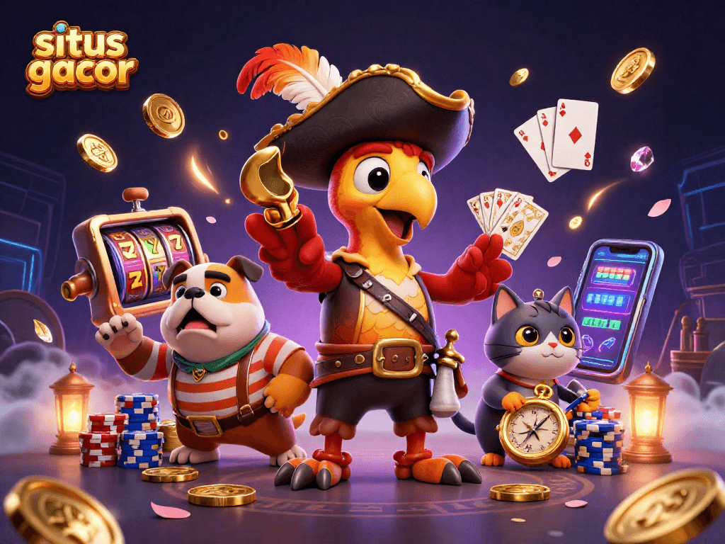 Menghadirkan situs gacor dengan slot machine dan simbol keberuntungan, dikelilingi koin emas dan petunjuk permainan.