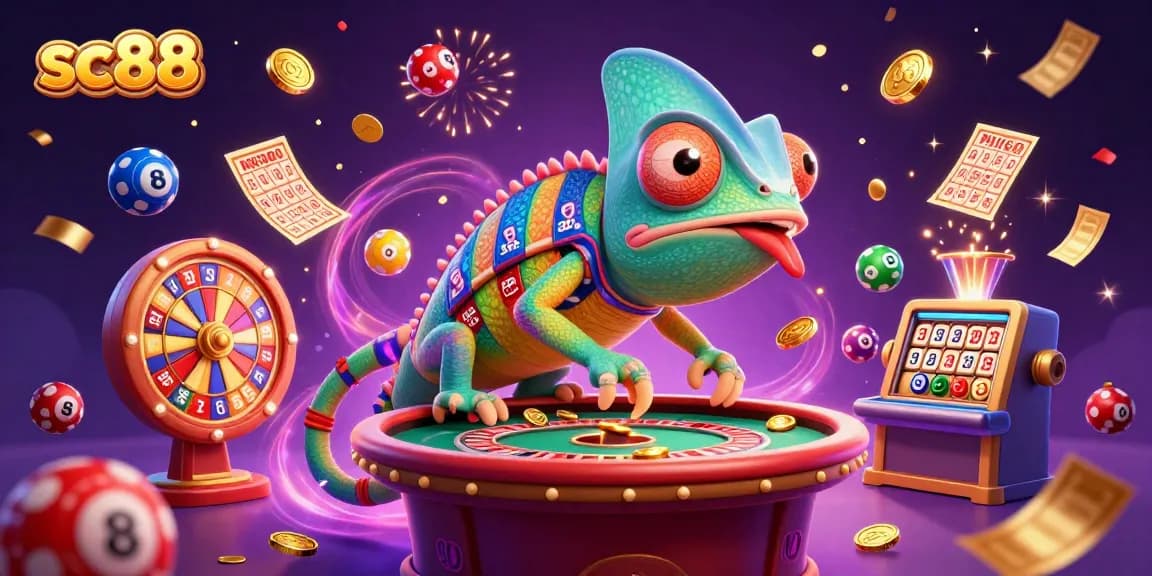 Join the excitement at sc88 as colorful lottery elements and a chameleon casino owner create a vibrant gaming scene.