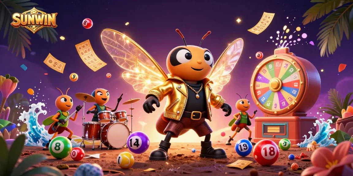 SUNWIN showcases a casino theme with a lively rock star cicada, drummer beats, and colorful game elements.