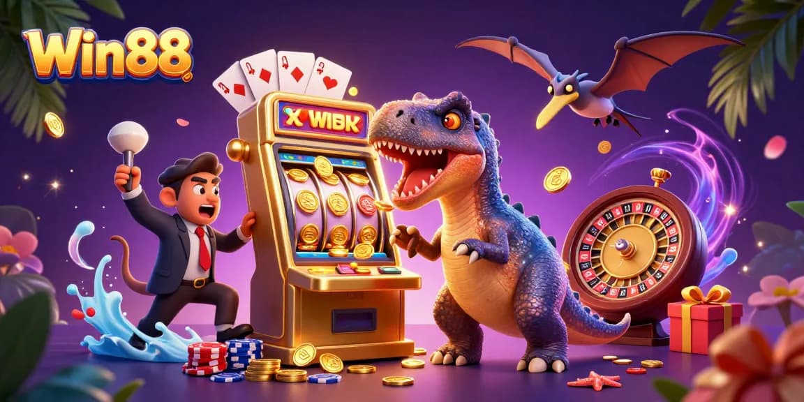 Win88 illustration with a dinosaur and casino elements highlighting a thrilling jackpot experience.
