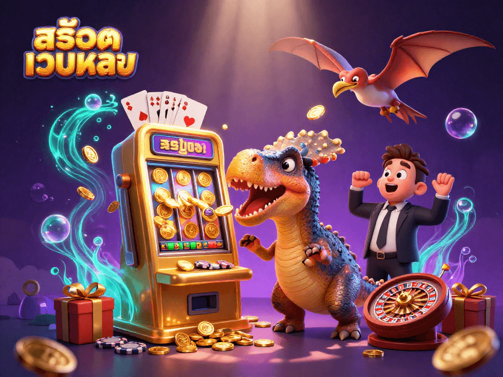 Experience the thrill of สล็อตเว็บตรง as a dinosaur hits a jackpot slot machine amidst a colorful casino scene.