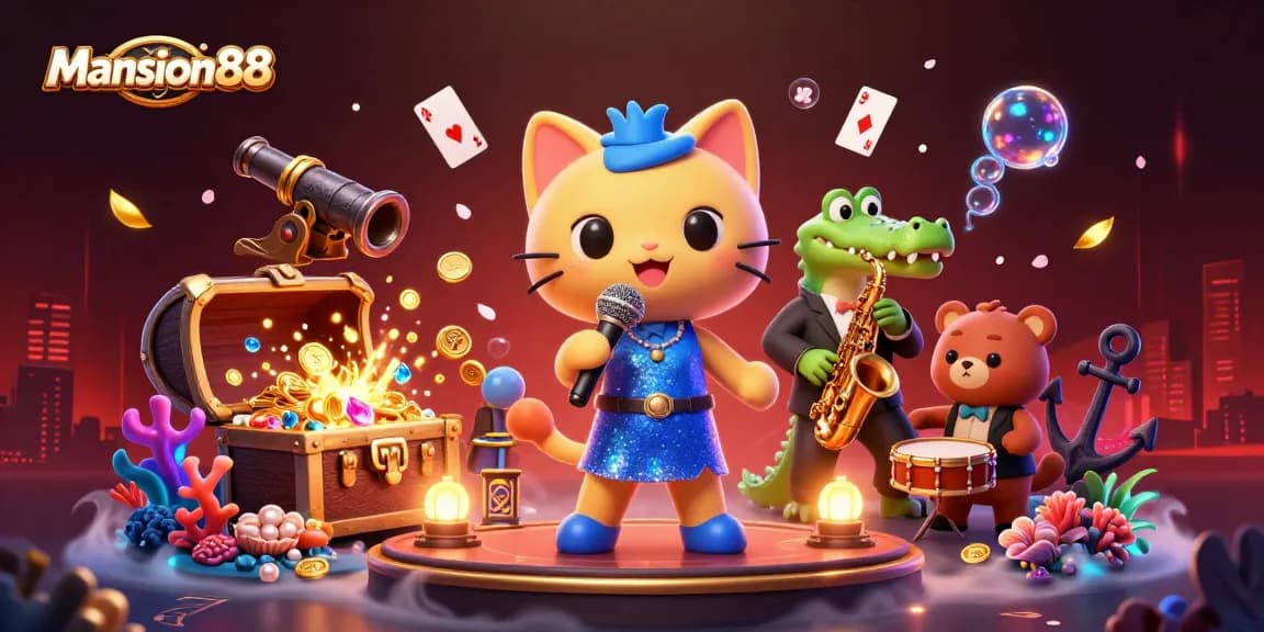 Mansion88 meriahkan pengalaman judi online dengan gambar kartun kucing penyanyi jazzy dikelilingi oleh harta dan kartu bermain.