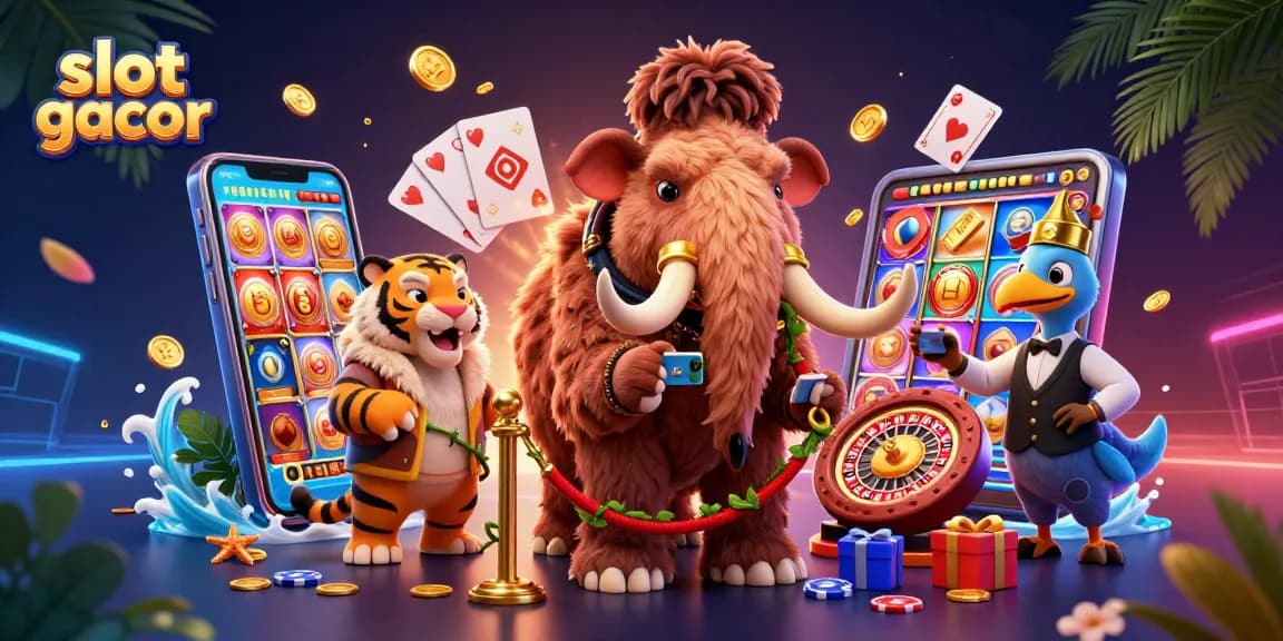 Slot gacor memikat dengan kasino digital yang penuh warna dan karakter lucu dalam suasana ceria.