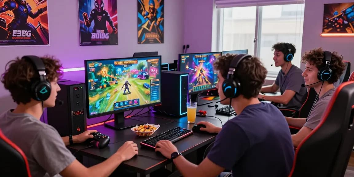 Friends enjoying an exciting bandar slot game session in a vibrant gaming environment