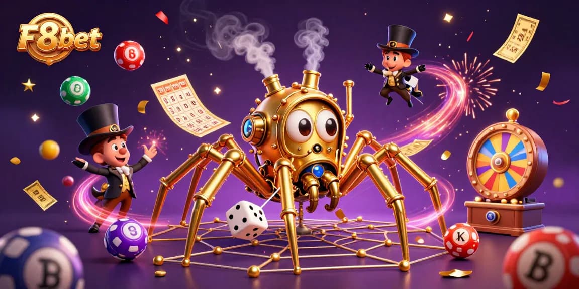 Experience the excitement of F8bet with a vibrant, dynamic illustration of a steampunk web catching dice.