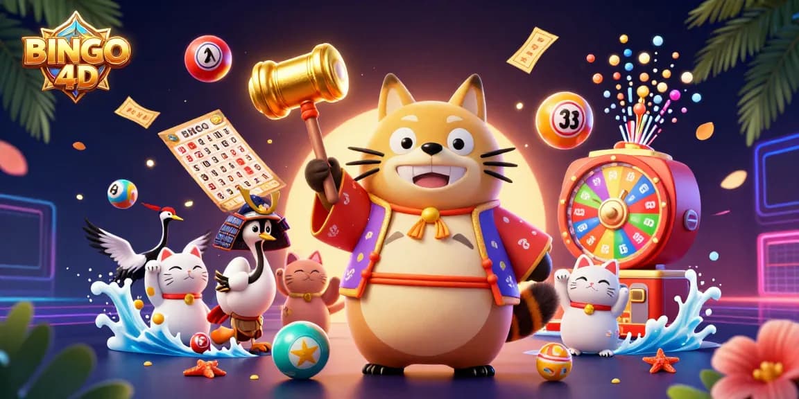 Memenangkan BINGO4D dengan karakter unik dan elemen kasino yang berwarna-warni dalam ilustrasi 3D yang menarik.