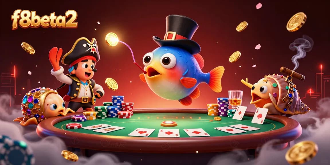 Experience the excitement of f8beta2 with a 3D anglerfish, pirate shrimp, and treasure snail at a poker table.