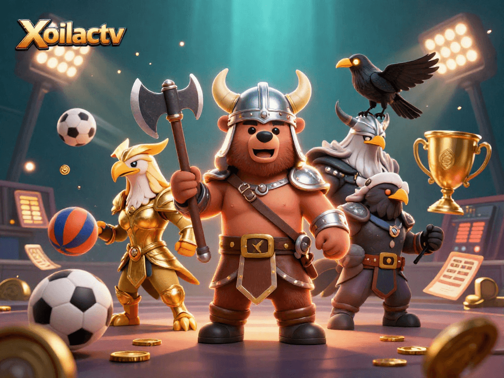 Xoilactv showcases a lively Viking bear and Valkyrie eagle amid dynamic sports betting elements, emphasizing engagement.