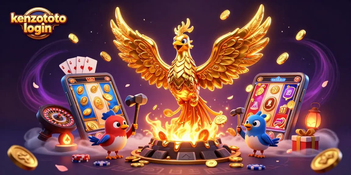 Experience the thrill of kenzototo login with colorful slot games and golden coins in a captivating 3D illustration.