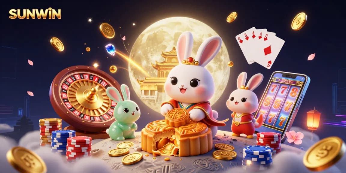 SUNWIN spins luck with a vibrant 3D illustration showcasing rabbit characters and poker elements.