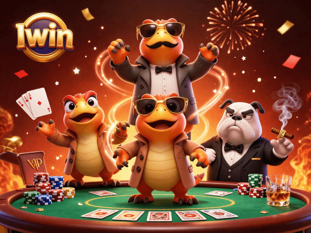 Iwin illustration of raptors in a trench coat entering a casino with poker chips and cards