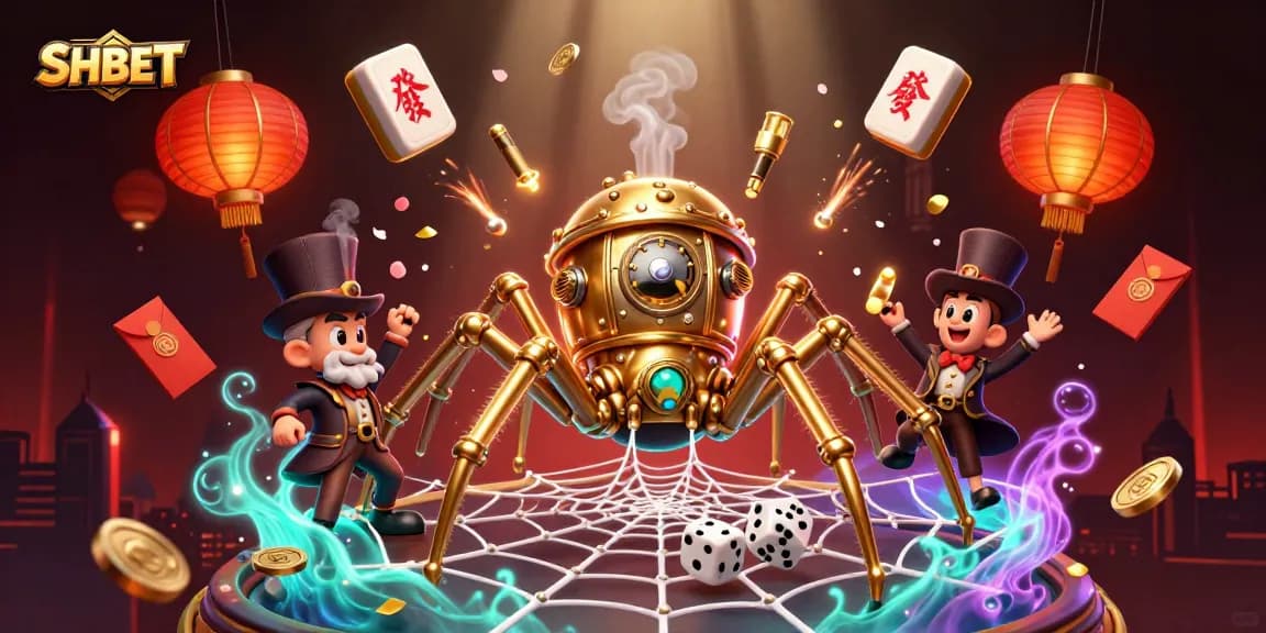 SHBET players navigate an intricate 3D spider web of chance and rewards in this captivating casino art.