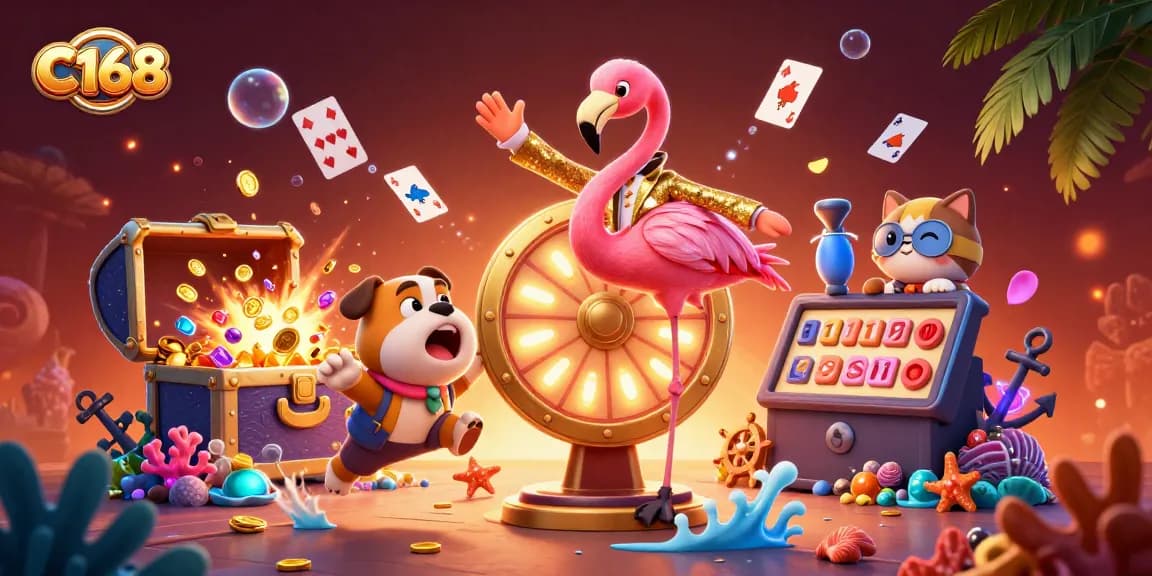 C168 invites players to spin the winning wheel with excitement in a vibrant casino illustration.