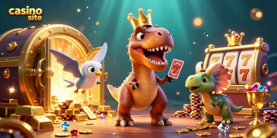 Watch the T-Rex shuffle cards in a vibrant casino site scene with treasures and friends.