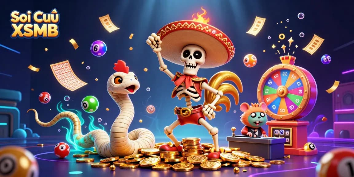 Soi Cầu XSMB illustrated as a vibrant digital scene with lottery elements and animated characters.