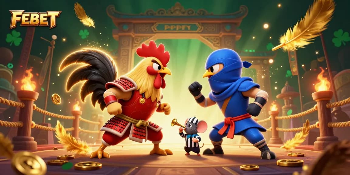 Experience intense action in FEBET with fighting roosters and dynamic gambling elements in a vibrant arena.