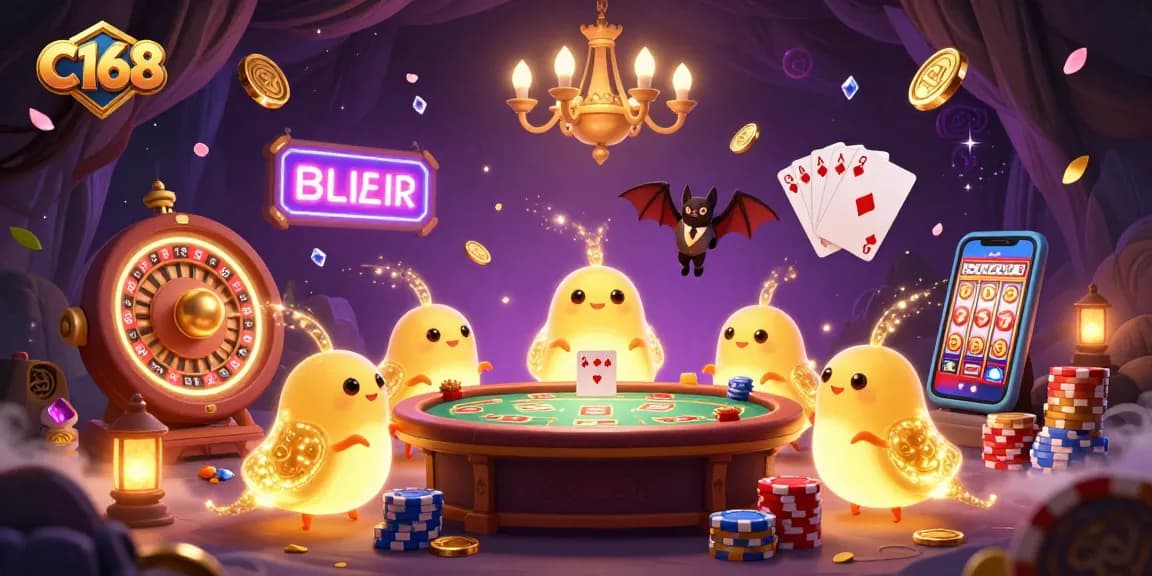 C168 illuminates a colorful casino scene with glowworms and gold coins, showcasing excitement and winning potential.