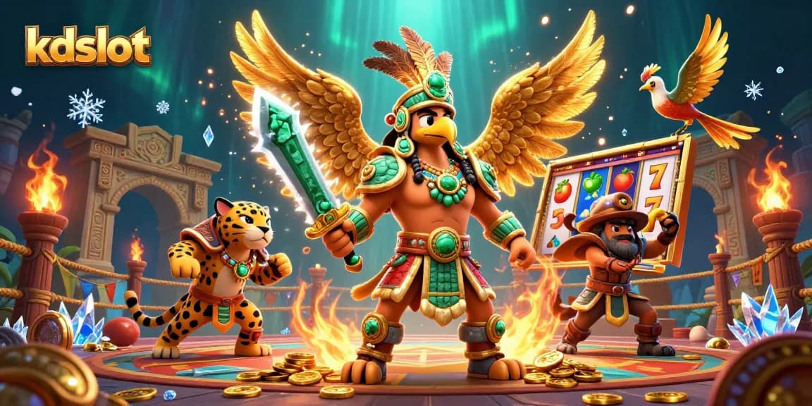 Experience thrilling excitement in the kdslot 3D illustration featuring dynamic slot game elements and vibrant warriors.