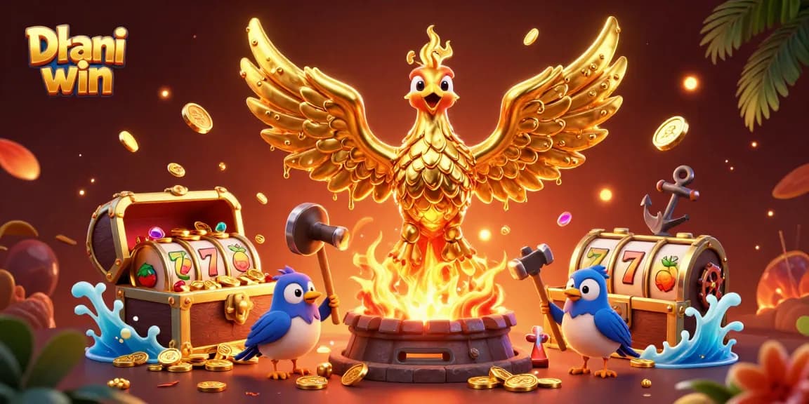 Dhani win showcases a molten golden phoenix with winning slot elements and treasure in a vivid 3D scene.