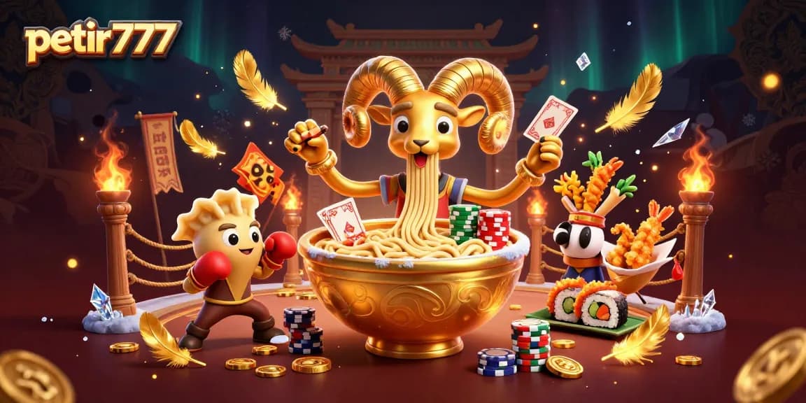 Engage in thrilling action with petir777 as a giant ramen bowl deals cards in a vibrant casino setting.