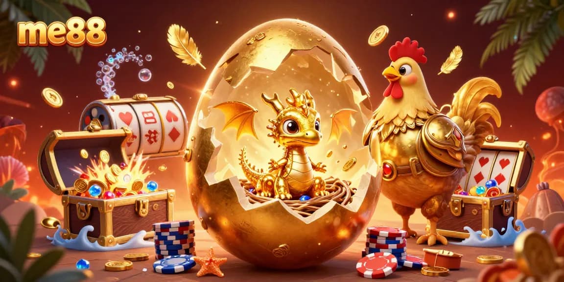 Experience me88's thrilling casino atmosphere with a golden baby dragon on poker chips surrounded by vibrant game elements.