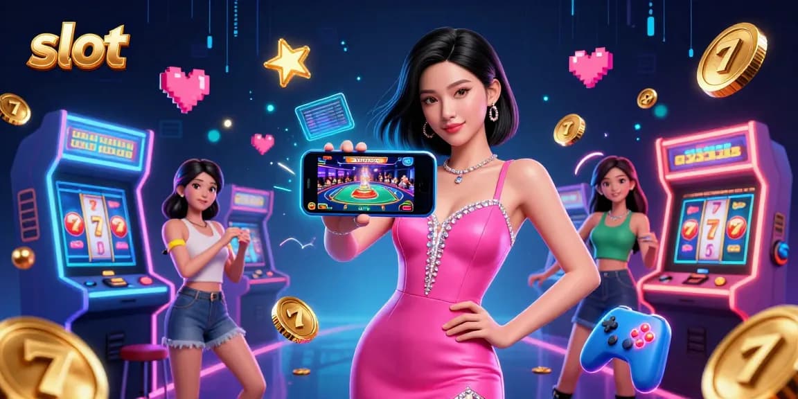 Putar gulungan slot dengan semangat dalam ilustrasi yang cerah ini yang menampilkan elemen kasino online modern.