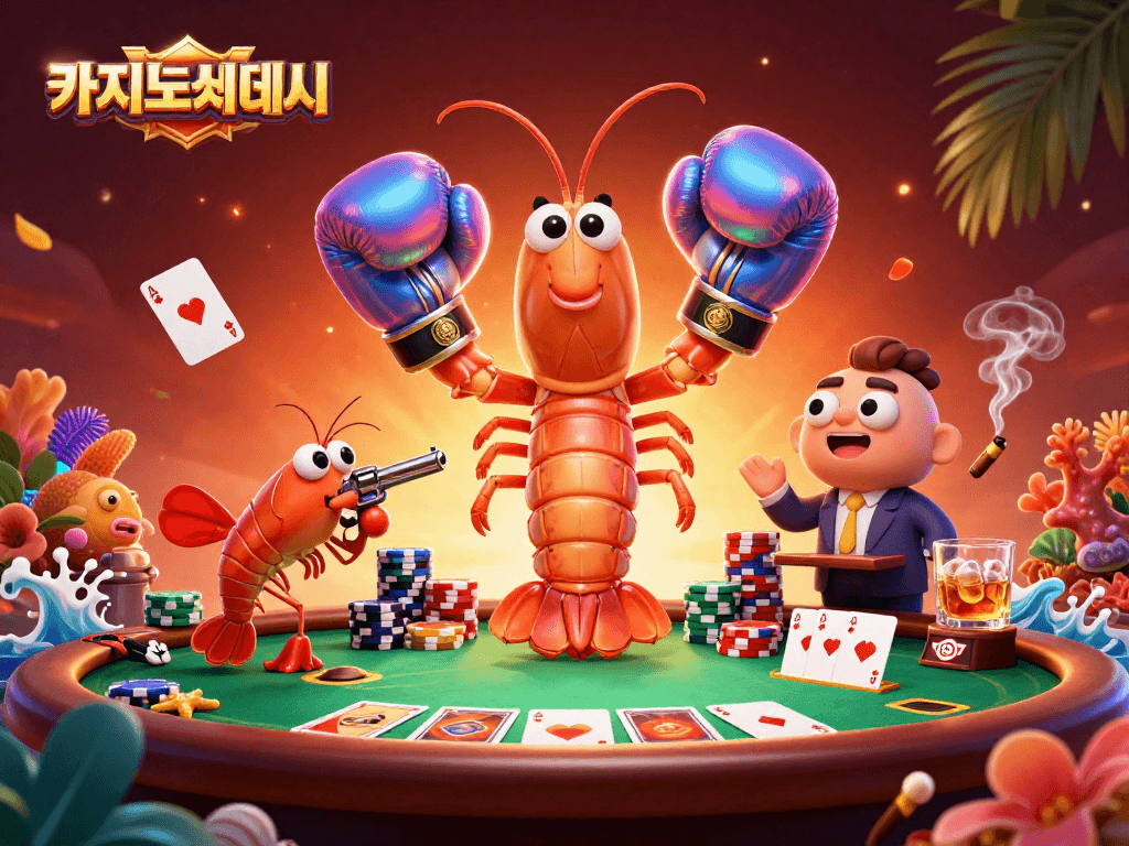 카지노사이트에서 포커 테이블 주위에 모인 만타 가재, 총새우, 그리고 산호 그룹퍼가 선택하는 모습을 담은 일러스트