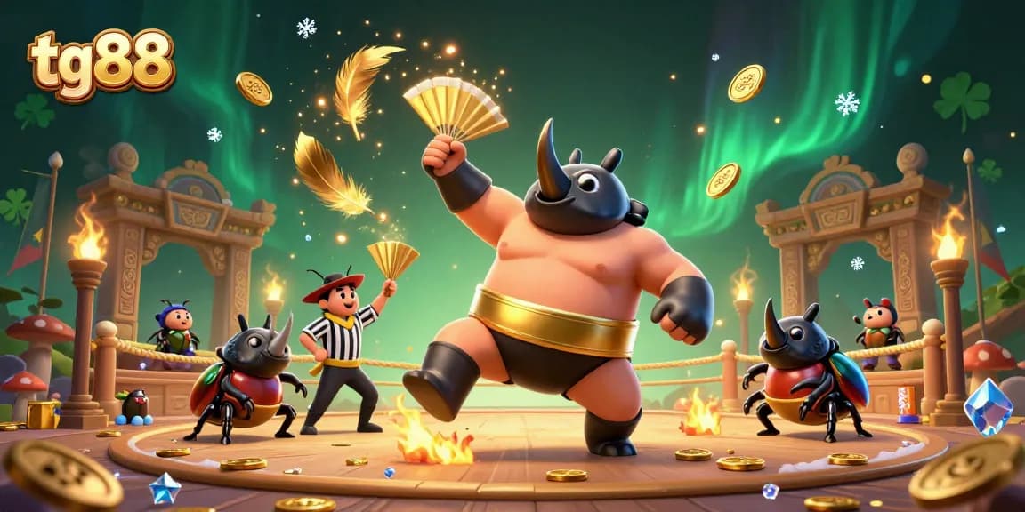 Experience big wins at tg88 with an intense showdown featuring a sumo beetle champion and golden coins flying.