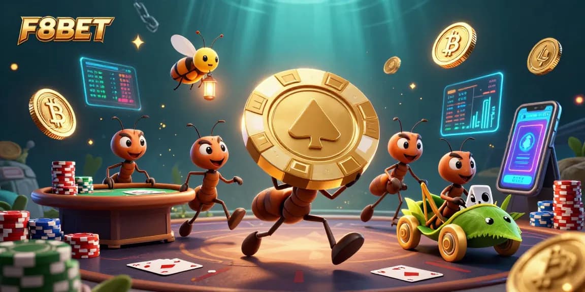 F8BET offers thrilling poker experience as ants carry a giant poker chip amidst glowing crypto coins.