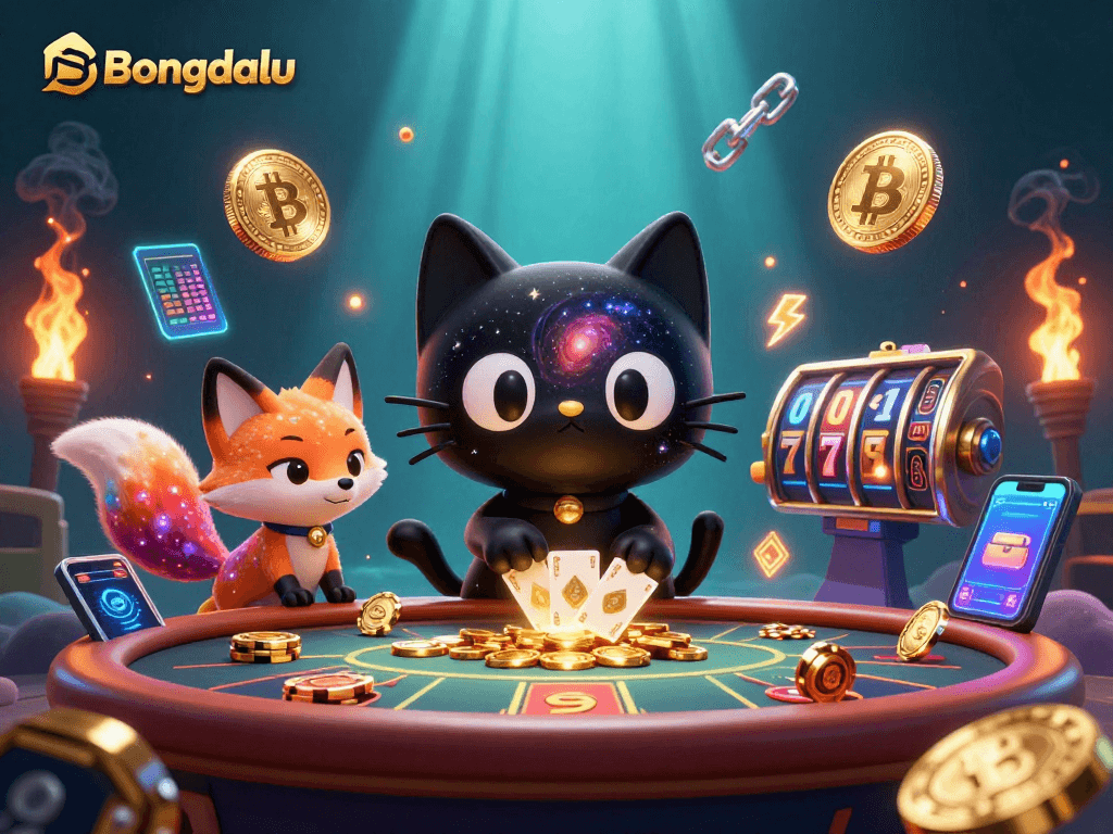 Bongdalu showcases a captivating 3D casino scene featuring a black hole cat and a nebula fox amid glowing cryptocurrency elements.
