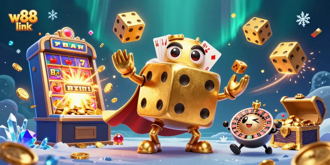 Experience winning moments at W88 link with a vibrant 3D casino scene showcasing games and excitement.